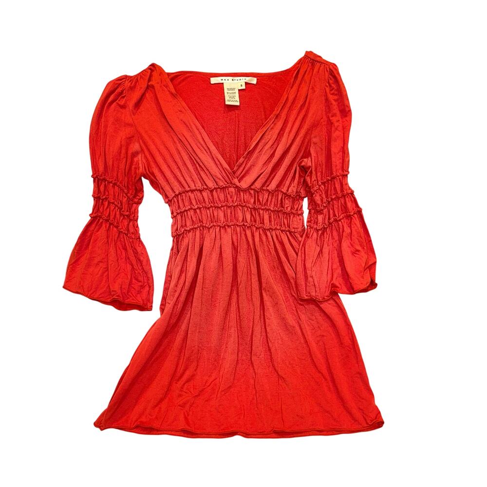 Max Studio Red Smocked Mini Dress Puff Sleeve V Neck Size S